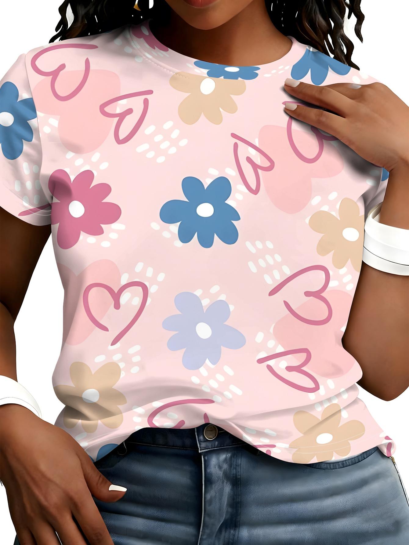 

[Printed Design- No Texture] Sweet Heart Flower Full Print T-Shirt. Pink Base with Contrasting Flower And Heart Art Short Sleeve Top 3XL дубильная кора
