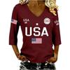 Women V Neck 3 4 Sleeve USA Letter Print Top Casual Loose Fit American Flag Graphic Pullover Shirt for Women