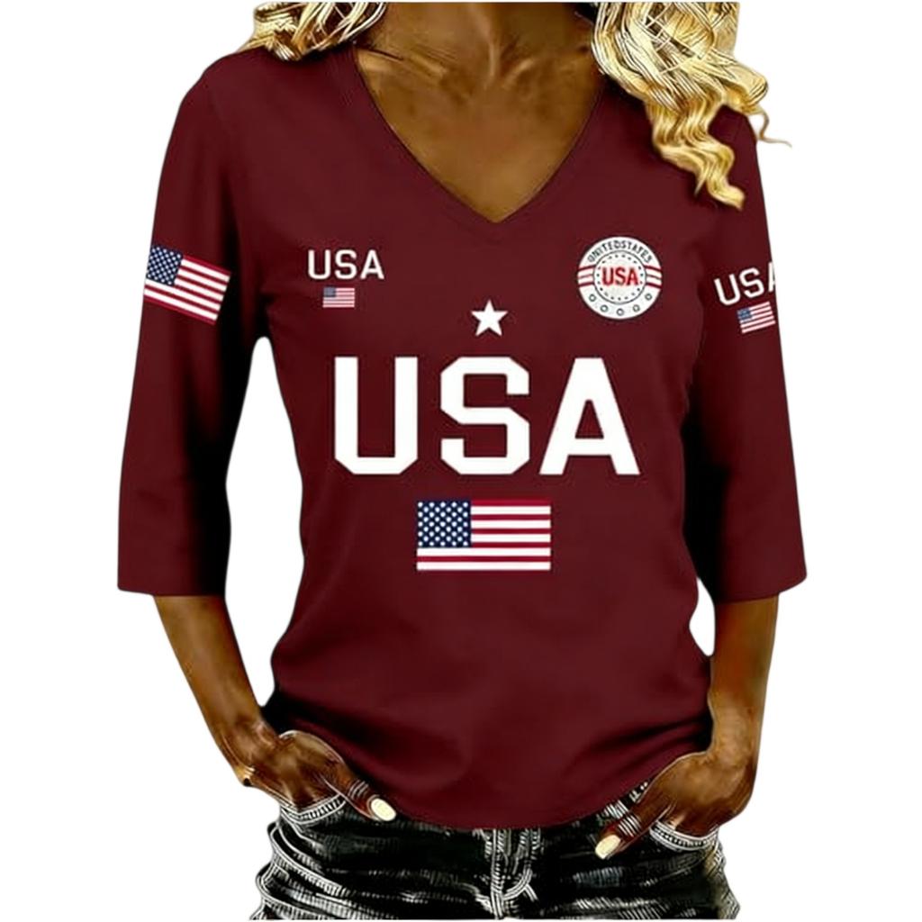 Women V Neck 3 4 Sleeve USA Letter Print Top Casual Loose Fit American Flag Graphic Pullover Shirt for Women