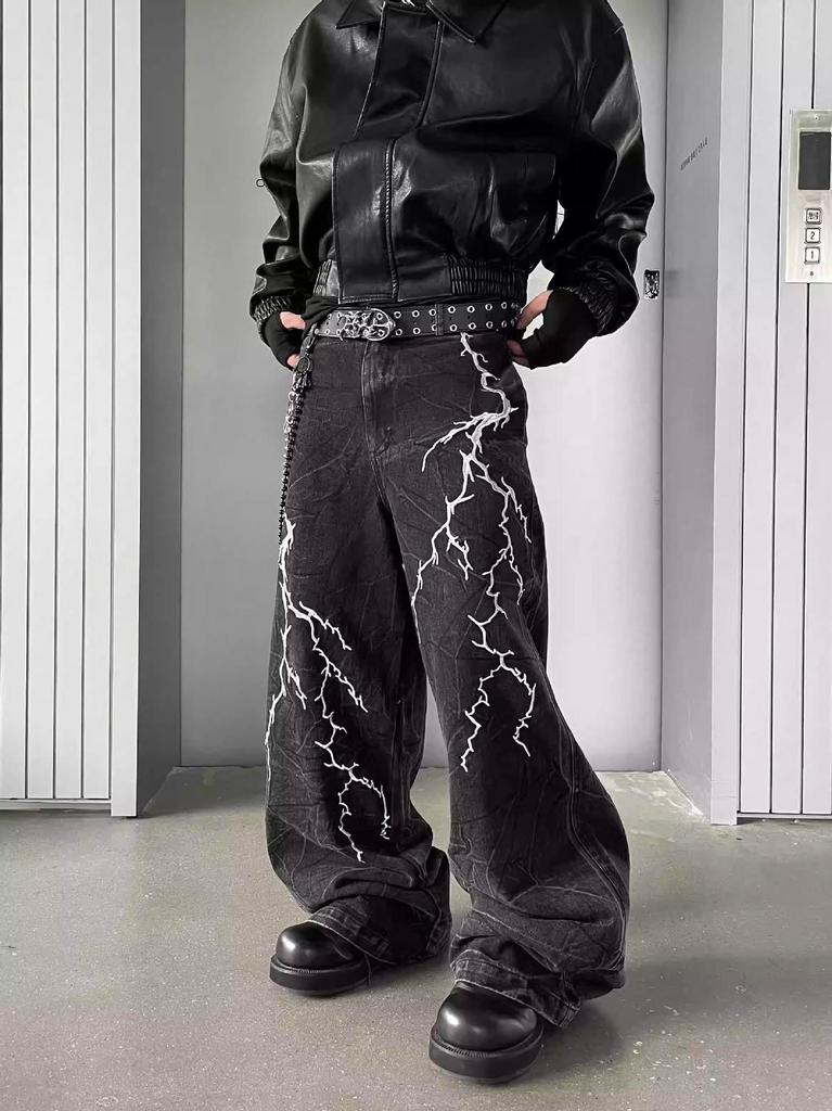 Męskie czarne jeansy American High Street: Haft Piorunem, Proste Luźne Szerokie Nogawki, Modny Rogue Street Style