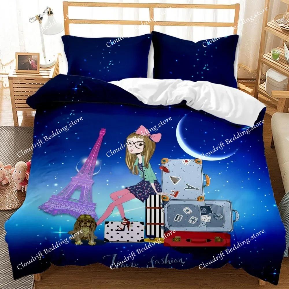 Musical Girl King Queen Duvet Cover Modern Fashion Girly Bedding Set for Kids Teens Adults Cartoon Hip Hop style Quilt Cover
