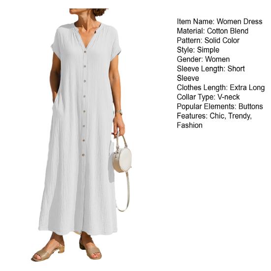 Summer Short Sleeve Cotton Dress for Women Button Down V Neck Long Dress Casual Loose Flowy A-line Beach Sundress with Pockets