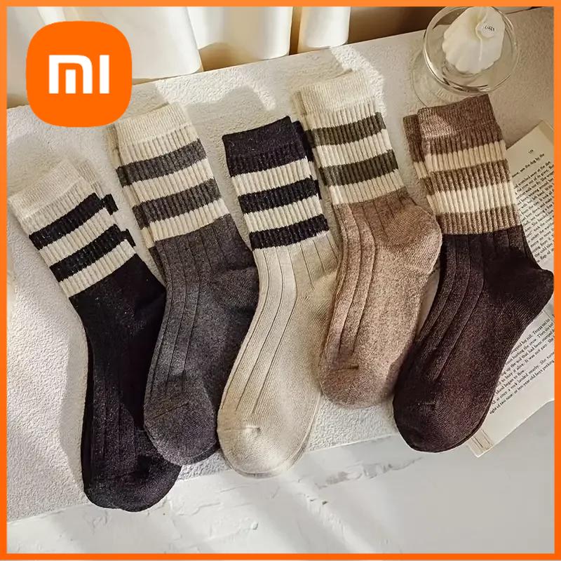 Xiaomi 5 Paar Socken für Damen, einschließlich Mid-Calf-Socken, gestreifte Socken im Waldstil, Retro-japanischer Stil, lange Socken, vier Jahreszeiten