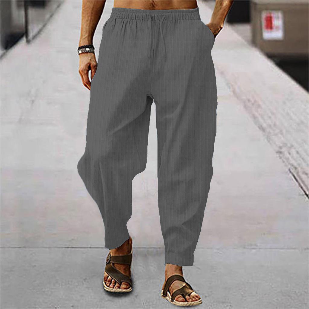 Commercio Estivo Europeo e Americano Uomo Hip-hop Traspiranti Cotone e Lino Strisciati Larghi Casual Sportivi Pantaloni
