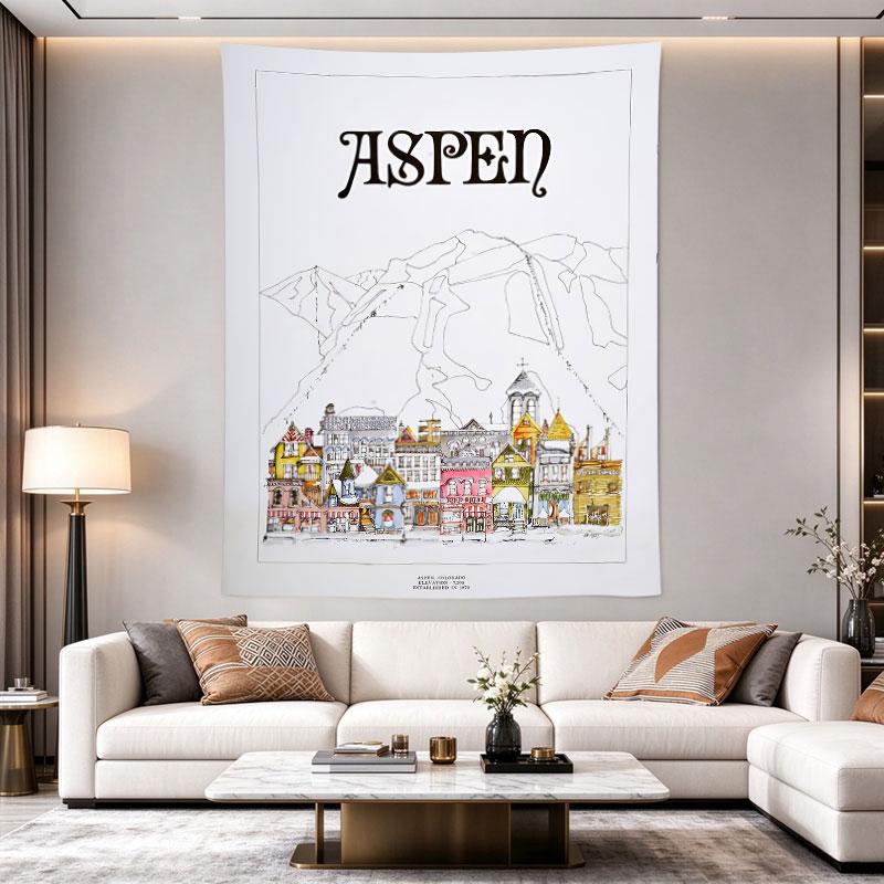 Aspen Colorado Watercolor Town Mountain Illustration Retro Travel Poster