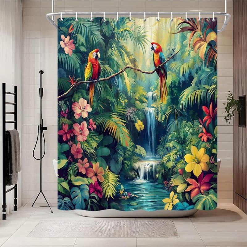 Jungle Parrot Shower Curtain Tropical Bird Forest Waterfall Green Leaves Rainforest Nature Plant Exotic Flower Cute Birds Shower 90x180CM