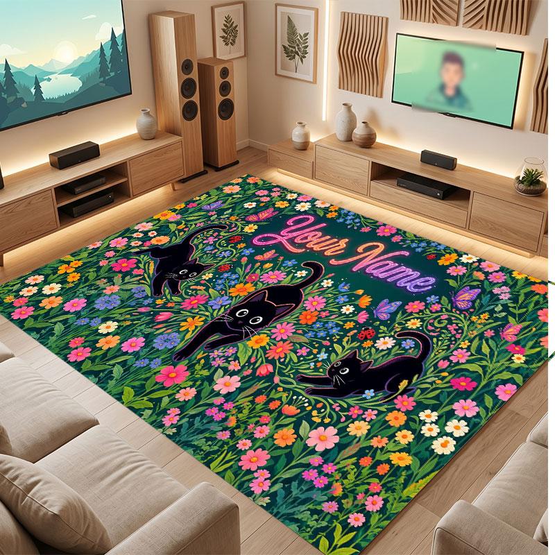 Cat Theme Crystal Velvet Floor Rug Personalized Custom Name Text Warm Carpet Home Decoration