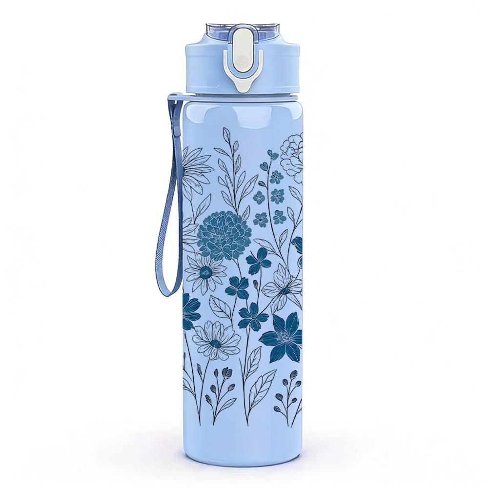 1PC Blue Tone Floral Arrangement 750ml Color Plastic Sports Water Bottle Leakproof Flip Straw Lid Suitable for Sports Office Home Use