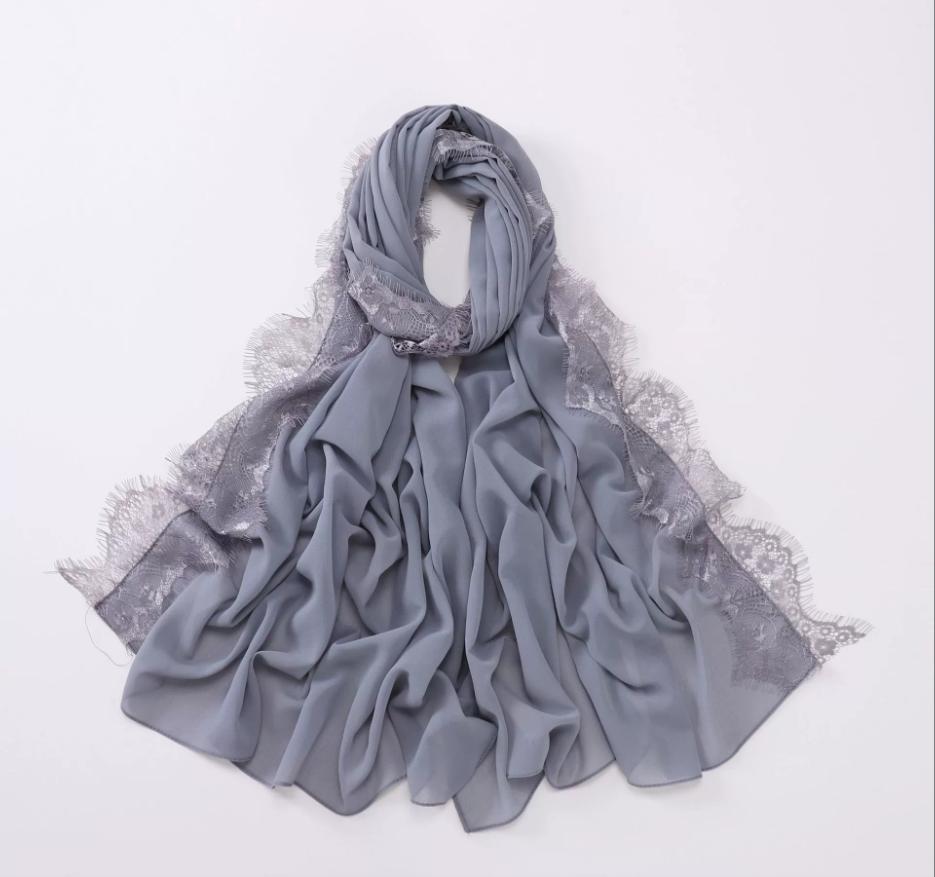 New Muslim Chiffon Hijab With Lace Muslim Scarf Long Shawls Solid Headscarf Wraps Embroidered Lace Muslim Turban Femme Hijab