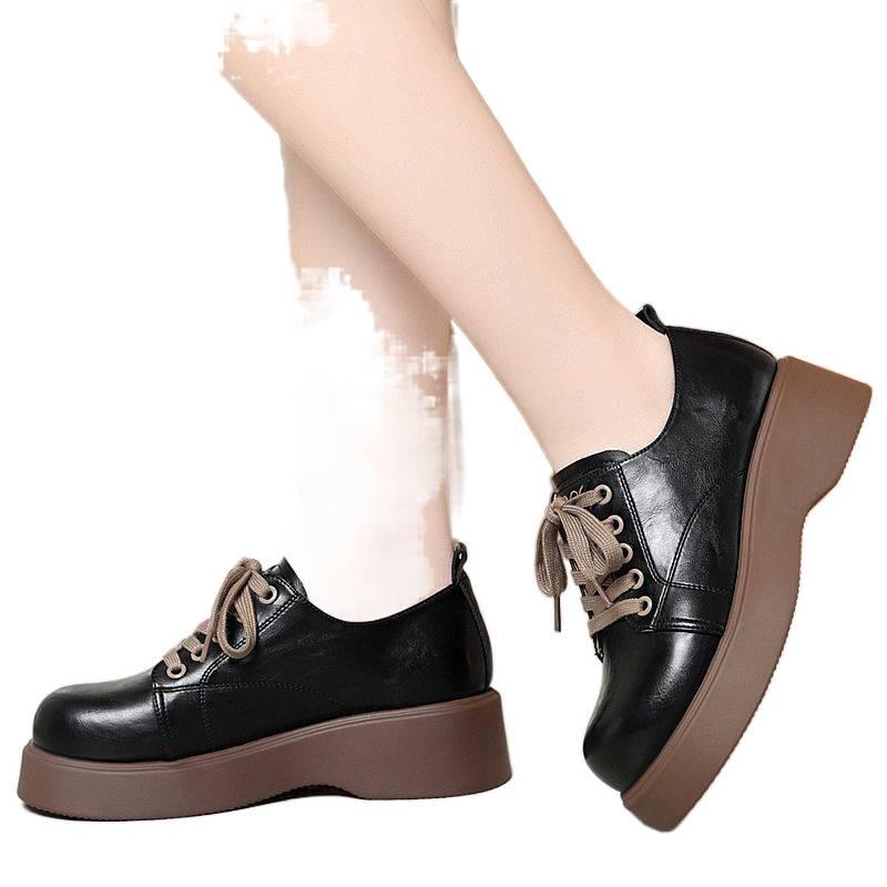 Women's Fashion Leather Loafers: Non-slip, Thick Sole, Lace-up, Casual, Versatile Shoes for Spring and Autumn.