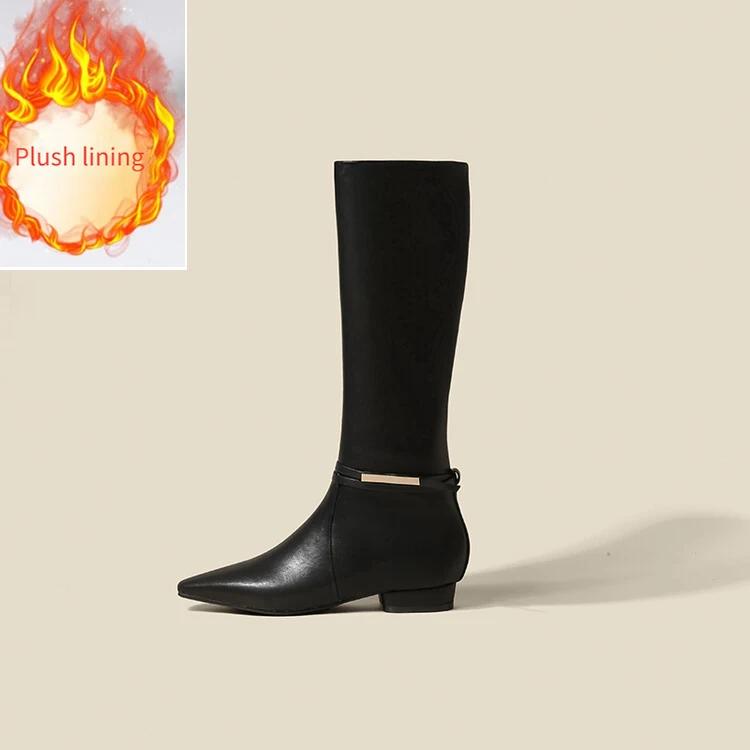 Fashion New Solid Color Cowhide 2.5cm Low Heel Knee High Boots Autumn Winter Fashion Warm Plush Red Black Spicy Girl Women Boots 34-43