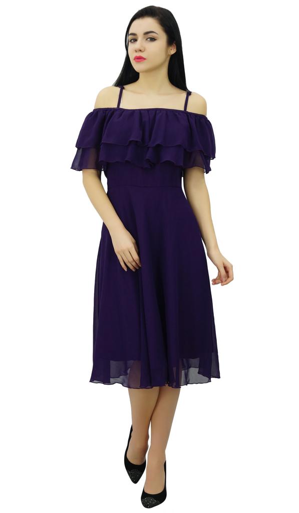 Bimba Women's Solid Georgette Off Shoulder Ruffle Plain Shift Dress