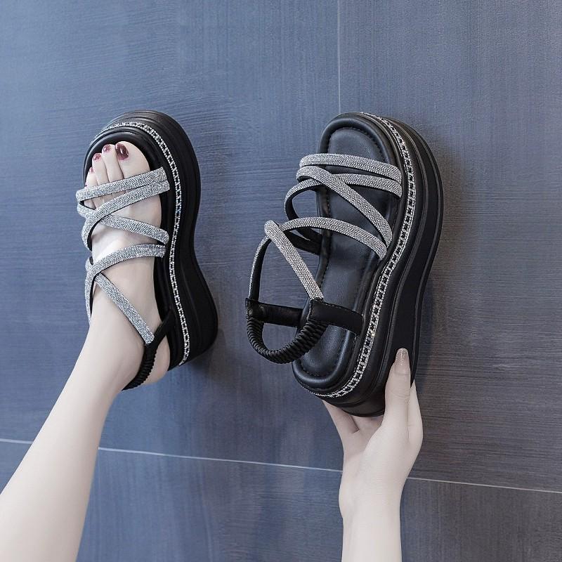 Mode Damen Plateau Sandalen Mode Kristall Sandalen Kreuzriemen Keilabsatz Sandale Sommer Römische Schuhe Offene Zehe Strandsandalen für Damen