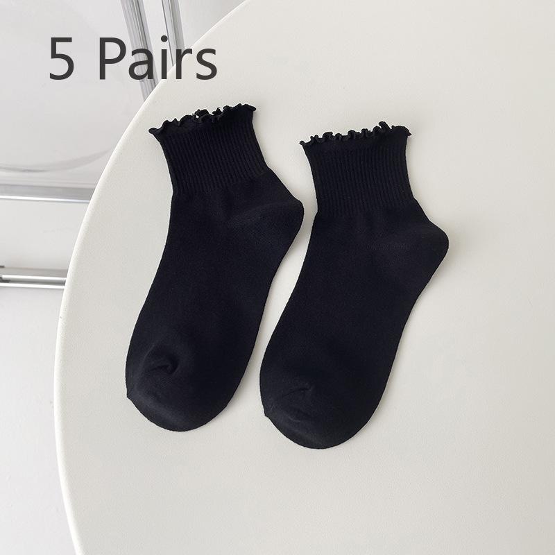

5 пар носков с деревянными ушками по бокам, женские летние короткие носки-трубы с кружевом, весенние и осенние носки, носки Tide 5 Pairs чёрный