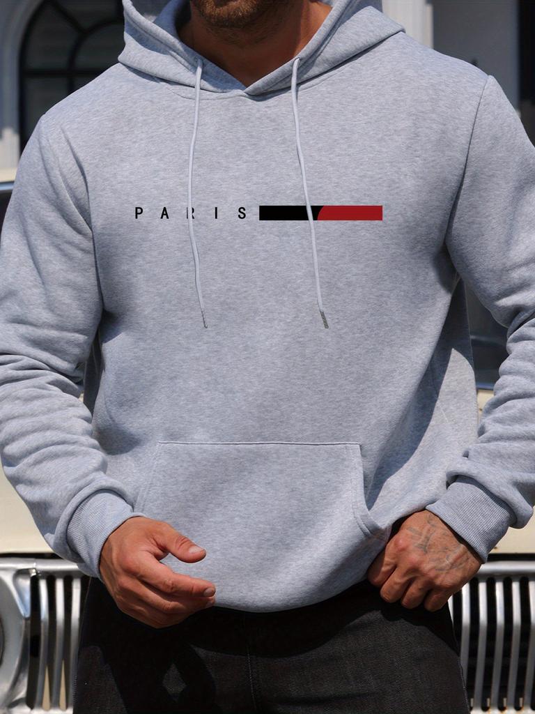 Men's Paris Letter Print Hoodie 100% Polyester Regular Fit Long Sleeve Pullover with Drawstring Hood Autumn  Sweatshirt