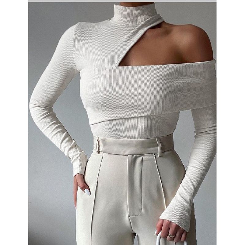 

off-Shoulder Western-Style off-White Long-Sleeve Top Beige White S