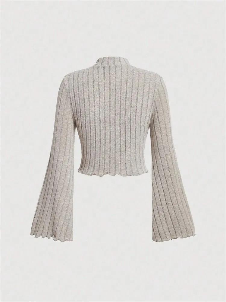 Long Sleeve Crop Top Phumee Mock Neck Flared Sleeves  Rib-knit  A1814