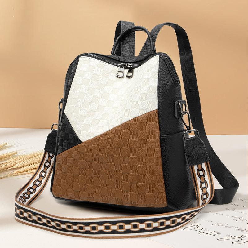 Women's Backpack 2024 New Fashion Trend Large Capacity Checkered Soft Leather Travel Bag School Bag for Girls College Students
