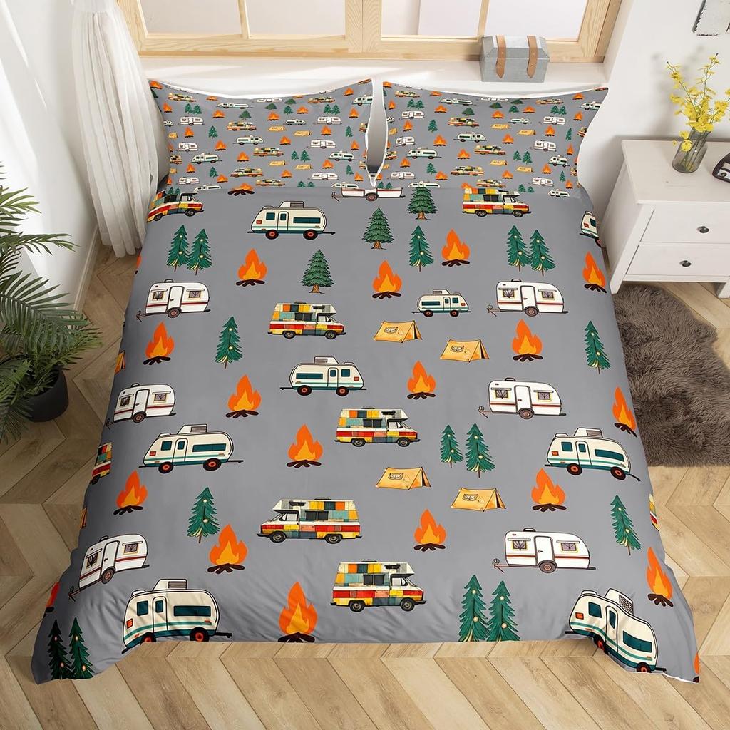 Camping Duvet Cover Set Full King Size Cartoon Rv Camping Car Bedding Set Camper Accessories For Travel Trailers Comforter Cover