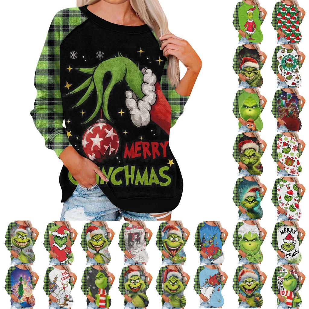 Damenmode, lässig, Rundhalsausschnitt, Langarm, Weihnachtsdruck, Raglanärmel, Sweatshirt-Oberteil