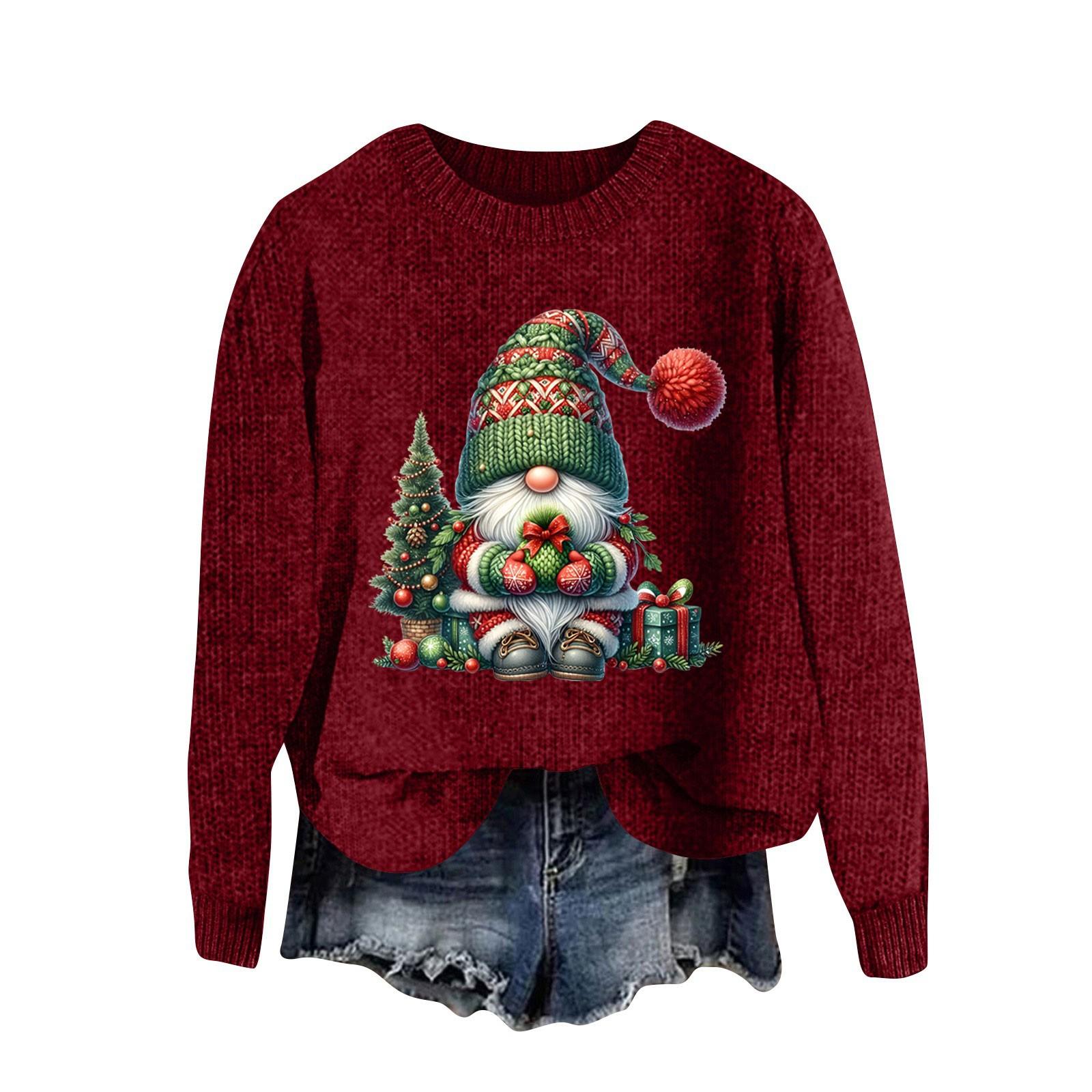 

Женский модный повседневный шерстяной трикотажный пуловер с длинным рукавом и рождественским принтом M винный