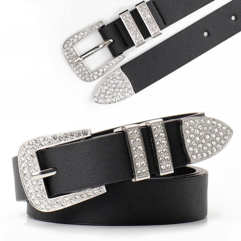 Alternative Fashion Unisex Faux Leather Belt With Sparkling Rhinestone Buckle For Street Style