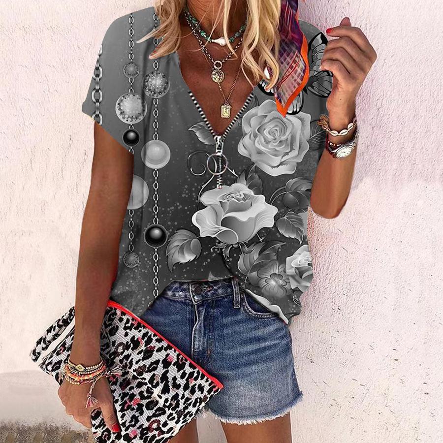 Top de mujer de verano nuevo de moda con estampado de flores rosas y flores brillantes, informal, con cremallera, cuello en V, manga corta