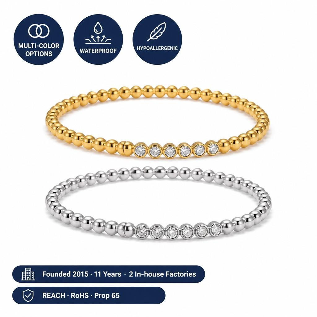 Ready to Ship18K Gold Plated Luxury Zircon Stainless Steel Anti Tarnish Jewelry Bead Fashion Bangle Bracelet for Women