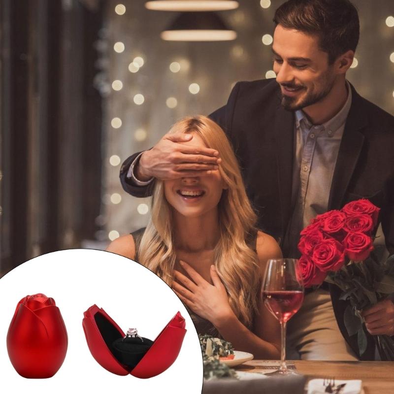 Double Opening Rose Shaped Pendant Box Velvets Lined Engagement Ring Holder Stylish Jewelry Organizer with Soft Interior