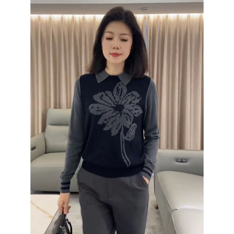 

European Station Fall and Winter New Polo Collar Pullover Shirt Collar Fake Two-Piece Chic Contrast Color Jacquard Wool Knitwear Tops