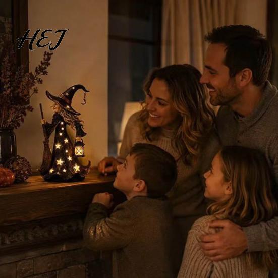 Witch Decoration Lamp 2Pcs Halloween Night Lamp, Holding Lantern Figurine with Glowing LED, Resin Statue for Tabletop Decor