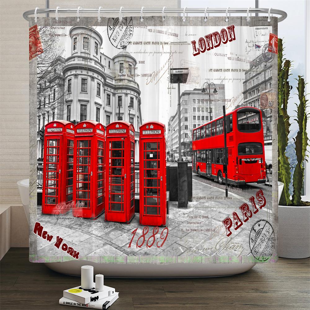 Retro Style 3d Print Shower Curtains Paris Tower Street View Telephone Booth Bath Curtain Waterproof Polyester Bathroom Curtain