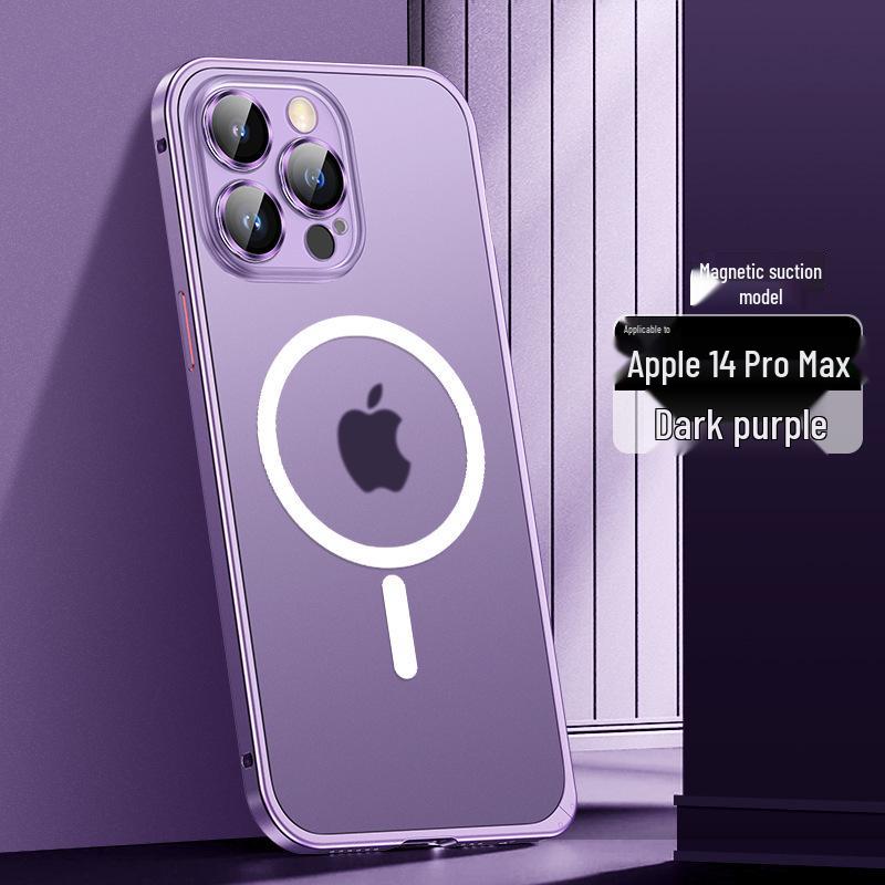 Cross13 Magnetic Metal Frame Phone Case with Lens Protection for Apple 14 - Drop-proof, Frosted, Semi-transparent, Creative Design.