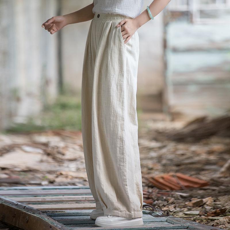 Johnature Women Vintage Harem Pants Summer Chinese Style Solid Color Trousers Elastic Waist Long Pants