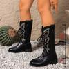 Women'S Boots Fashionable Versatile Embroidered Mid Calf Boots Solid Color Casual Korean Fashion Western Cowboy Boots Ladies