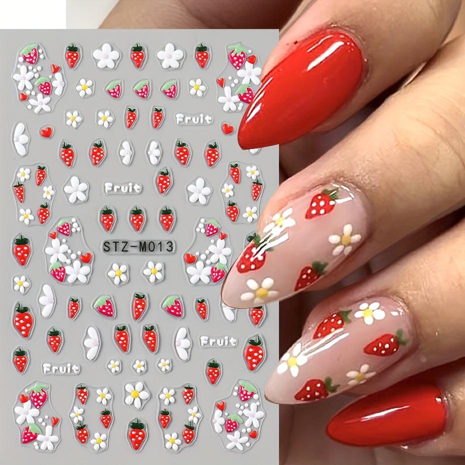 5D Cute Strawberry Nail Art Decals Summer Fruits Cherry Simple Daisy White Flowers Adhesive Sliders Stickers for Nail Manicures Tips
