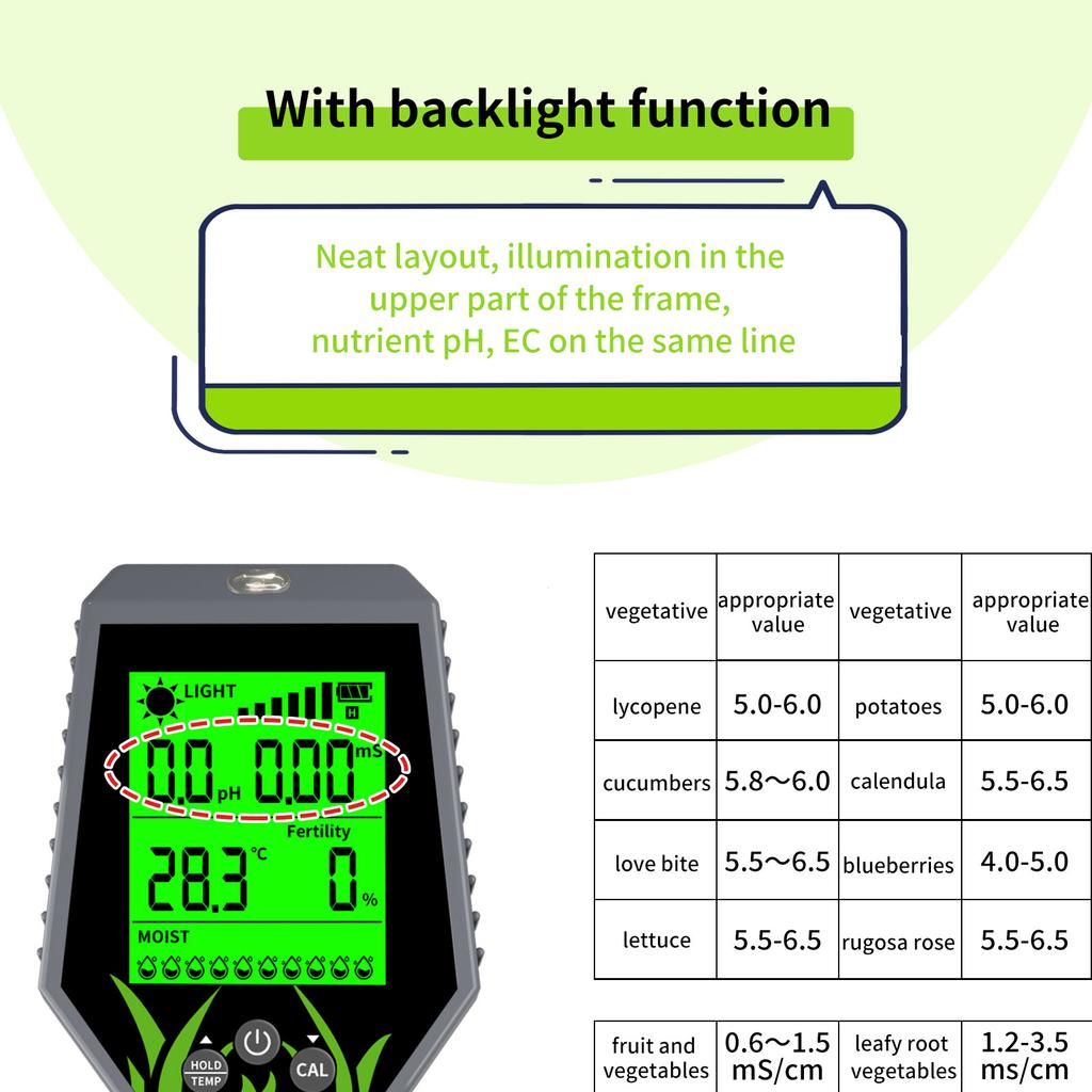 6 In 1 Soil Meter Digital pHECLightMoistureFertility Temperature Tester Thermometer Removable