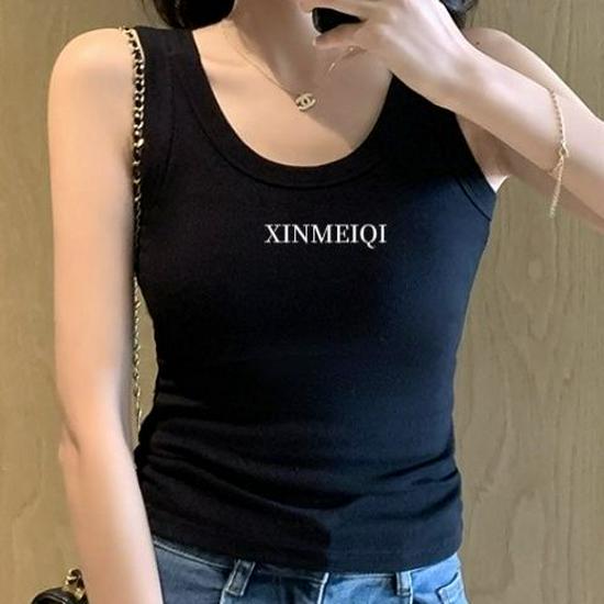 Korean Ribbed Slim Fit Letter Patch Tank Top for Women - Sleeveless Sports Camisole