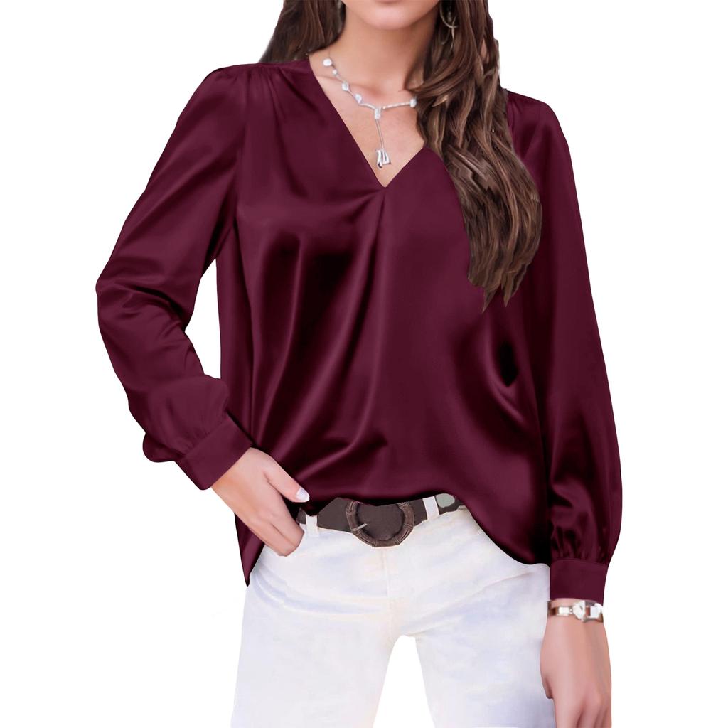Women's V,Neck Casual Loose Satin Ruched Long Sleeve Work Blouse