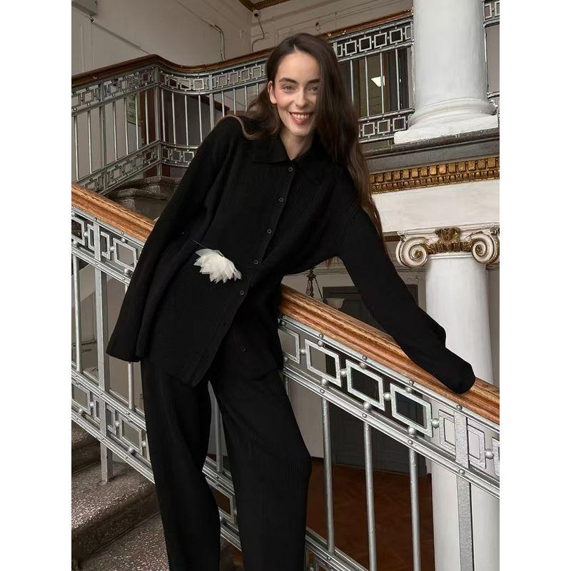 

Мода в западном стиле Свободный трикотажный однотонный кардиган Брючный комплект Комплект свитер и брюки Black L