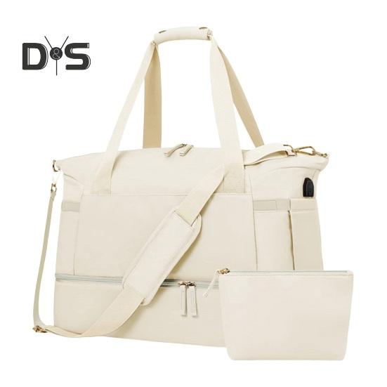 

2 шт./комплект дорожных сумок, водонепроницаемая влажная/сухая сумка-мессенджер большой вместимости с отделением для обуви и вентиляционными отверстиями для запахов, интерфейсом для зарядки USB, для занятий йогой и спортзалом бежевый