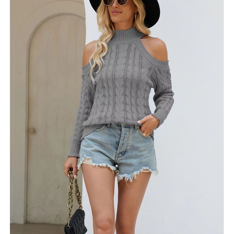 

Fashion Wind New Arrival Leaky Shoulder Half Turtleneck Knitting Pure Color Sweater off Shoulder Knitted Sweater Grey L