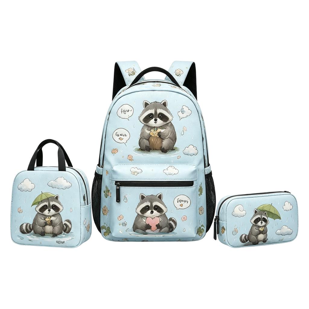 Set Zaino Raccoon per Bambini con Borsa Pranzo e Astuccio per la Scuola