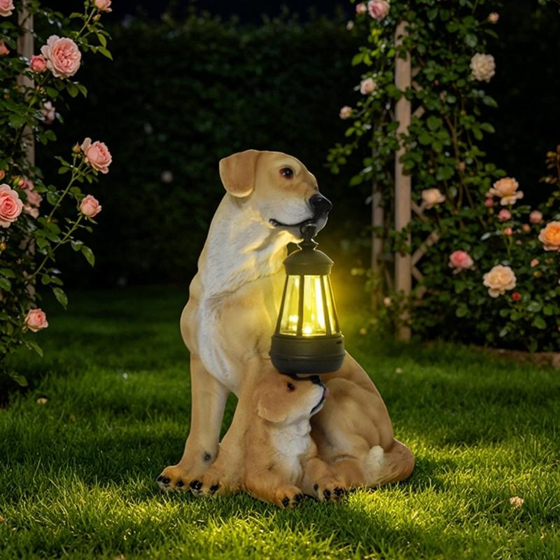 Dog Garden Statue with Hanging Light, Resin Outdoor Display Accent for Porch Lawn and Entryway Presentation Piece
