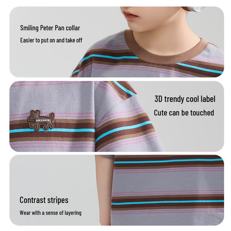 ASK JUNIOR Boys' Stripe Ribbed Round Neck Short Sleeve T-Shirt