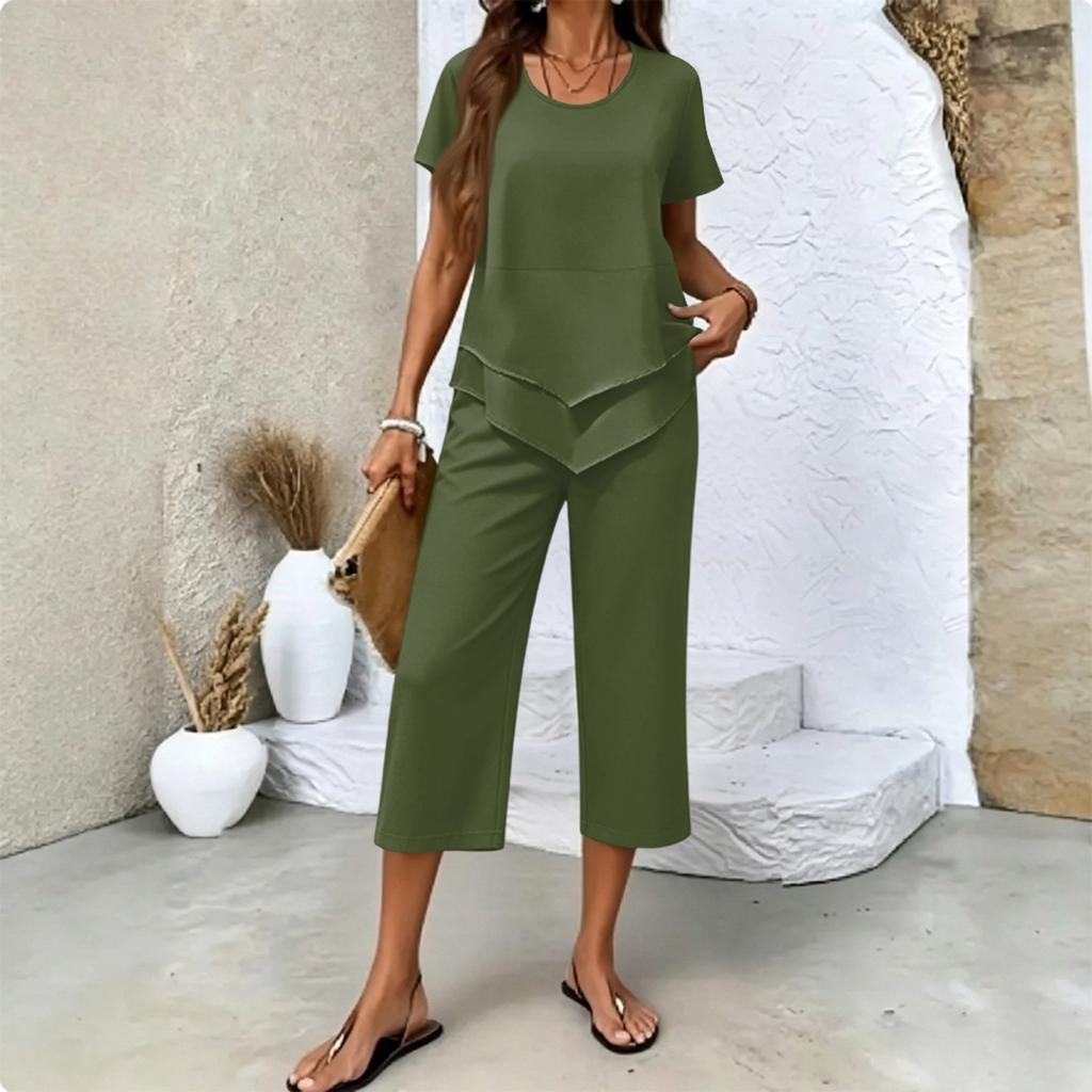 Women's Casual Two Piece Set Short Sleeve Round Neck Top with Layered Hem and Cropped Wide Leg Pants Comfortable Lounge Outfit