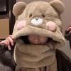 Cute Bear Hat Scarf Gloves One-piece Set for Women In Winter Warmth Plus Velvet Thickened Cycling Cold Proof Scarf