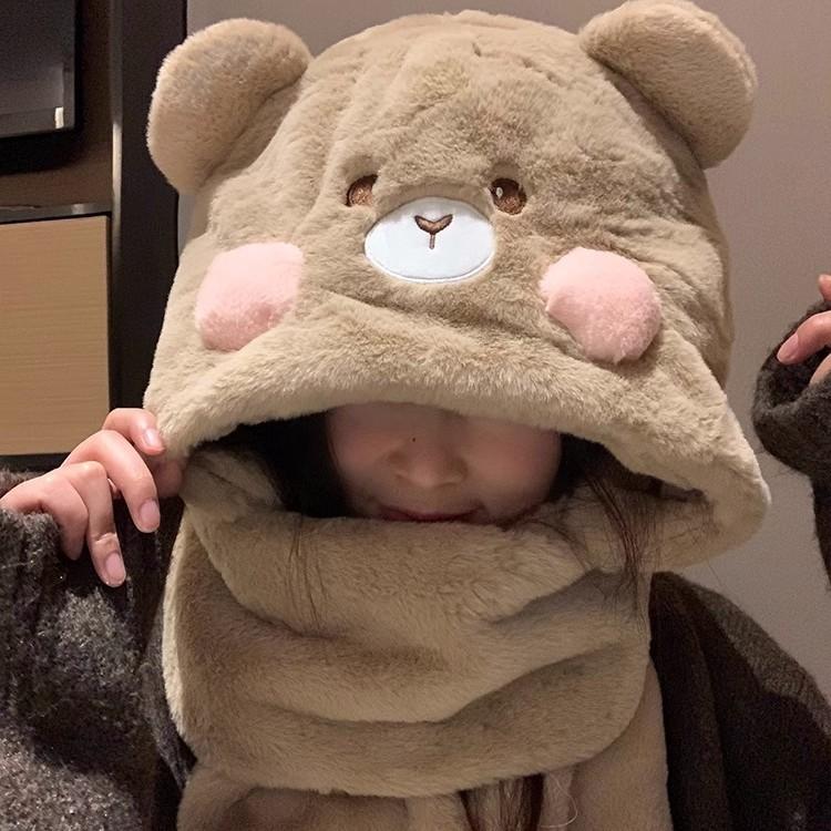 Cute Bear Hat Scarf Gloves One-piece Set for Women In Winter Warmth Plus Velvet Thickened Cycling Cold Proof Scarf