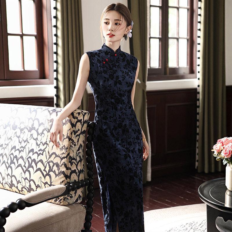 Blau ärmellos nationaler Stil neu Chinesisch täglich Suzhou langer Cheongsam verbessert jung 1011 neu Damen hoher Sinn