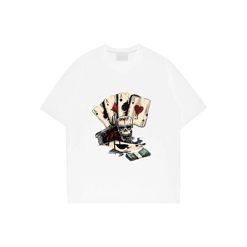 Camiseta con Estampado de Carta de Póker Calavera Camiseta Urbana Transpirable Oversize Tops para Hombre 2024 Moda Hip Hop Casual Manga Corta Nuevo